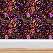 Bright Botanical Butterflies in the Summer Garden, Medium, Jewel Colors of Orange, Yellow, Red, Lilac, Purple, Pink on Black