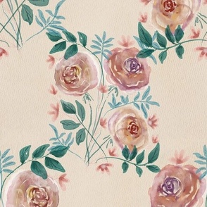 Seamless pattern with delicate watercolor roses on watercolor texture paper on a beige background.