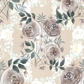 Seamless pattern with delicate watercolor roses on watercolor texture paper on a beige background.