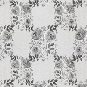 Seamless pattern with delicate watercolor roses on watercolor textured paper on a gray background