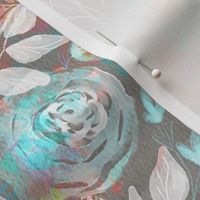 Seamless pattern with delicate watercolor roses on watercolor textured paper on a gray background