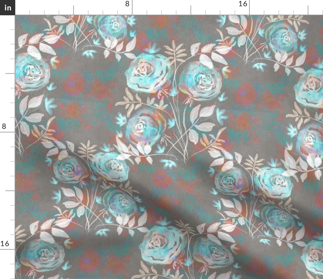 Seamless pattern with delicate watercolor roses on watercolor textured paper on a gray background