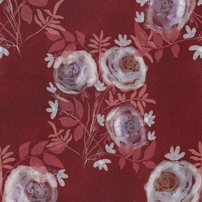 Seamless pattern with delicate watercolor roses on watercolor textured paper on a burgundy background