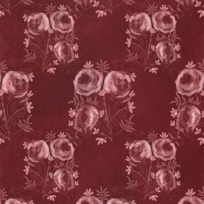 Seamless pattern with delicate watercolor roses on watercolor textured paper on a burgundy background