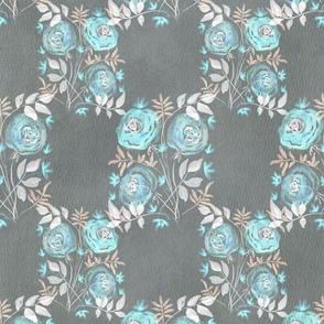 Seamless pattern with delicate watercolor roses on watercolor textured paper on a gray background