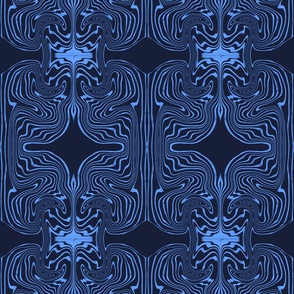 Seamless pattern with fancy monochromatic patterns with tie-dye elements on a blue background.