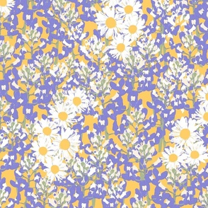 Texas Bluebonnets and daisies in mustard and very peri