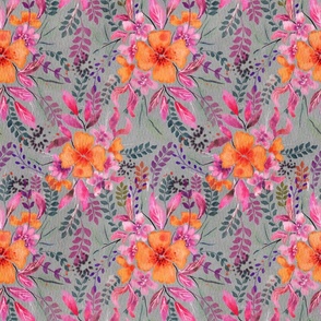 Seamless pattern with hand-drawn watercolor flowers on watercolor paper on a gray background