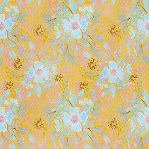 Seamless pattern with hand-drawn watercolor flowers on watercolor paper on a yellow background
