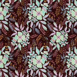 Seamless pattern with hand-drawn watercolor flowers on watercolor paper on a brown background
