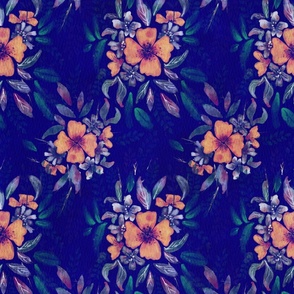 Seamless pattern with hand-drawn watercolor flowers on watercolor paper on a blue background.