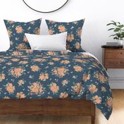 Peachy Blooms botanical garden fabric with dark blue background large scale