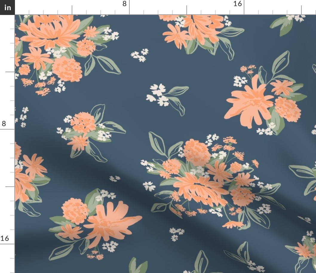 Peachy Blooms botanical garden fabric with dark blue background large scale
