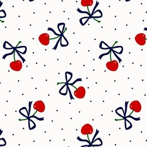 Red cherries with navy bows, polkadots kistch
