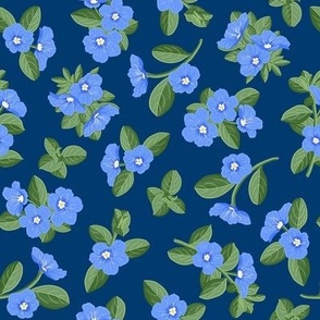 Blue Daze Flowers, Sm Scattered Floral Pattern, Cornflower Blue Flowers, Sage Green Leaves, Dark Blue Background