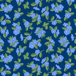 Blue Daze Flowers, Med Scattered Floral Pattern, Cornflower Blue Flowers, Sage Green Leaves, Dark Blue Background