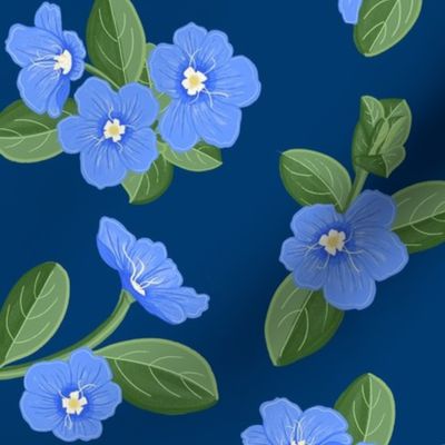 Blue Daze Flowers, Lg Scattered Floral Pattern, Cornflower Blue Flowers, Sage Green Leaves, Dark Blue  Background
