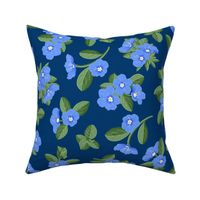 Blue Daze Flowers, Lg Scattered Floral Pattern, Cornflower Blue Flowers, Sage Green Leaves, Dark Blue  Background