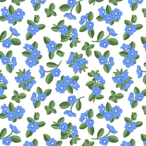 Blue Daze Flowers, Med Scattered Floral Pattern, Cornflower Blue Flowers, Sage Green Leaves, White Background