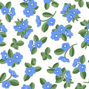 Blue Daze Flowers, Lg Scattered Floral Pattern, Cornflower Blue Flowers, Sage Green Leaves, White Background