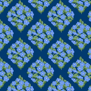 Blue Daze Flowers, Sm Ogee Floral Pattern, Cornflower Blue Flowers, Sage Green Leaves, Dark Blue Background