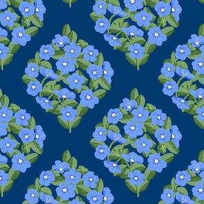 Blue Daze Flowers,  Med Ogee Floral Pattern, Cornflower Blue Flowers, Sage Green Leaves, Dark Blue Background