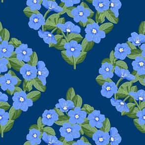 Blue Daze Flowers, Lg Ogee Floral Pattern, Cornflower Blue Flowers, Sage Green Leaves, Dark Blue Background