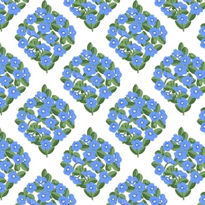 Blue Daze Flowers, Sm Ogee Floral Pattern, Cornflower Blue Flowers, Sage Green Leaves, White Background