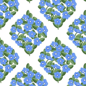 Blue Daze Flowers, Med Ogee Floral Pattern, Cornflower Blue Flowers, Sage Green Leaves, White Background