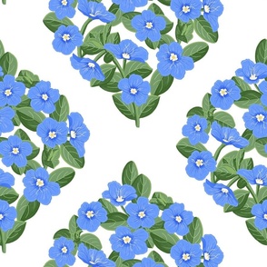 Blue Daze Flowers, Lg Ogee Floral Pattern, Cornflower Blue Flowers, Sage Green Leaves, White Background