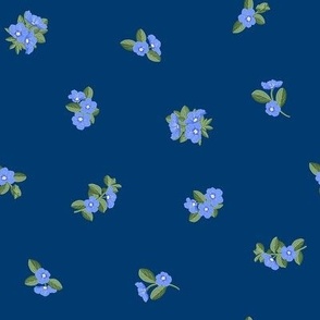 Blue Daze Flowers, Sm Loose Tossed Floral Pattern, Cornflower Blue Flowers, Sage Green Leaves, Dark Blue Background