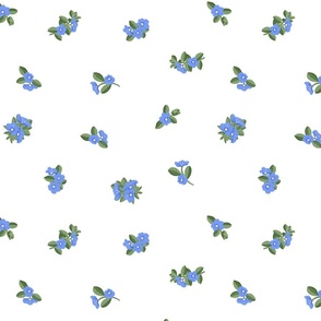 Blue Daze Flowers, Med Loose Tossed Floral Pattern, Cornflower Blue Flowers, Sage Green Leaves, White Background