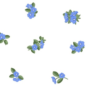 Blue Daze Flowers, Lg Loose Tossed Floral Pattern, Cornflower Blue Flowers, Sage Green Leaves, White Background