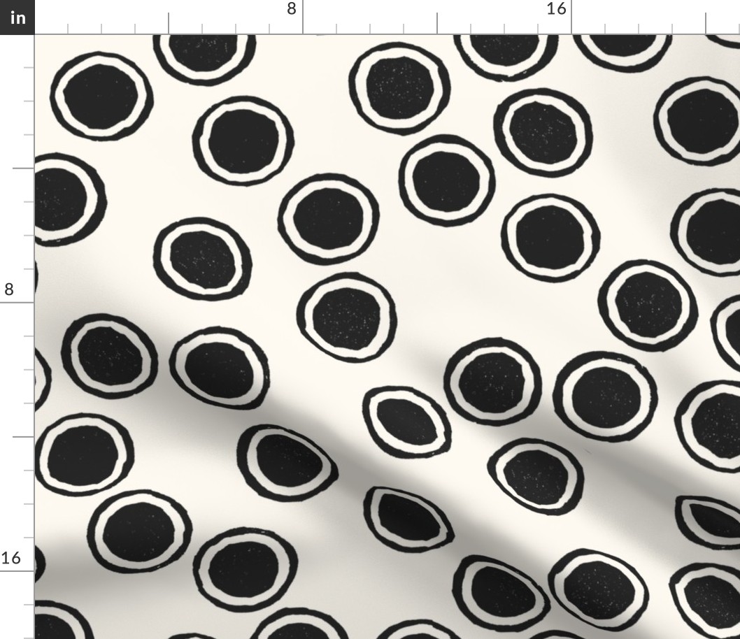 Large Block Printed Field of Polka Dots in soft black on ecru off white