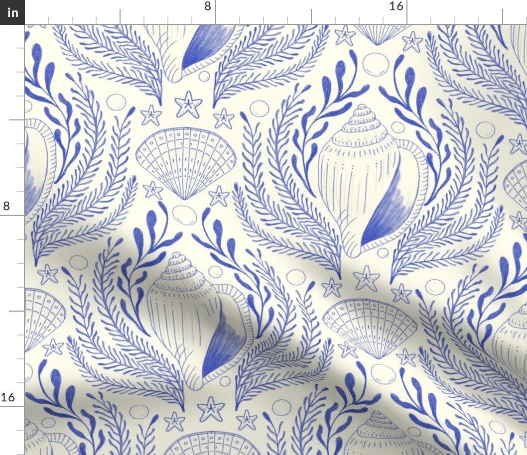 handdrawn sea shell damask - blue on white - medium size