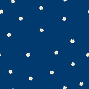 White Flower Dots, Med Tossed Dot Floral Pattern, White and Yellow Flowers, Dark Blue Background