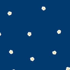 White Flower Dots, Lg Tossed Dot Floral Pattern, White and Yellow Flowers, Dark Blue Background