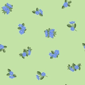 Blue Daze Flowers, Sm Loose Tossed Floral Pattern, Cornflower Blue Flowers, Sage Green Leaves, Mint Green Background 