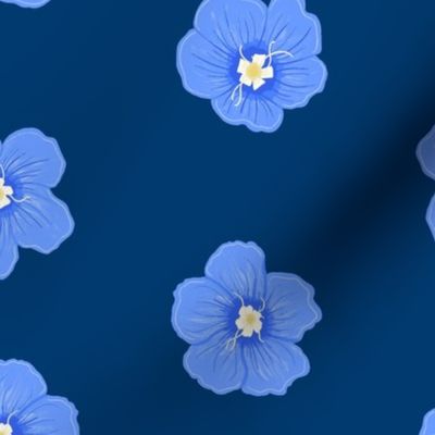 Blue Daze Flowers, Lg Half-Drop Floral Pattern, Cornflower Blue Flowers, Dark Blue Background