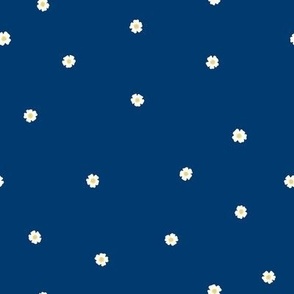 White Flower Dots, Sm Tossed Dot Floral Pattern, White and Yellow Flowers, Dark Blue Background