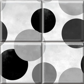 12" Atomic Dots Faux Ceramic Tile in black and white - wallpaper that looks like tile - black and white 3D look faux ceramic tiles - 12" tiles - Classy Simple Black and White circles and dots tile bathroom, kitchen backsplash wallpaper