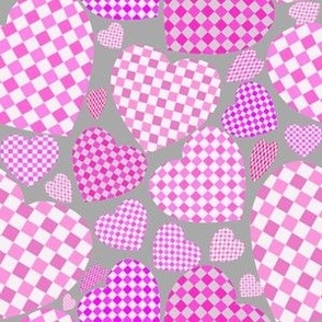 Pink and White Gingham Hearts on Gray Background