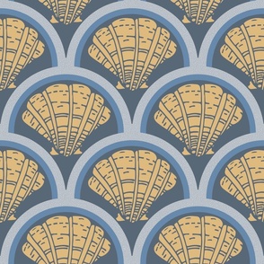 Scallop Shells in Scallops - Jumbo gold on weathered wedgewood and colonial blue
