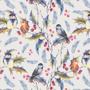 Watercolor Holly plants and birds