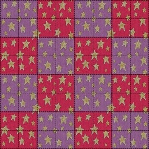 Stitched Patchwork Cheater Quilt Gold Stars Pink Purple