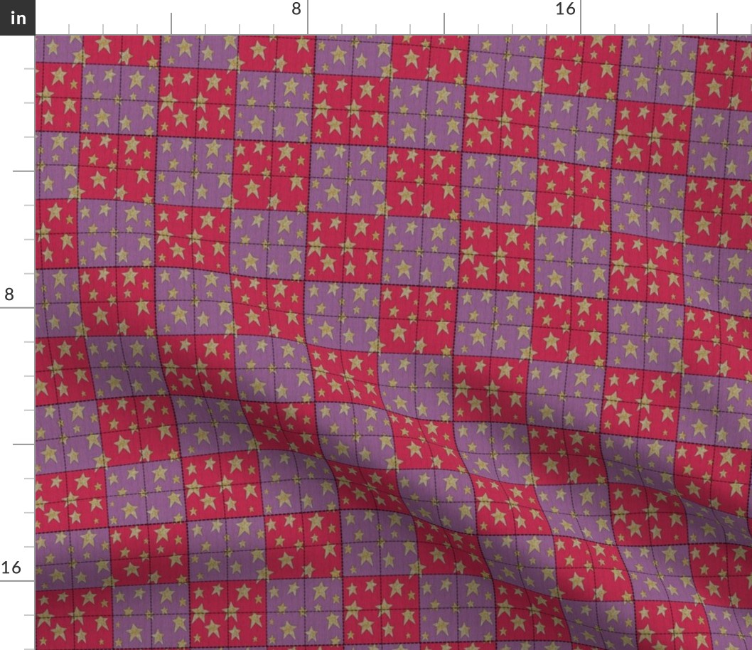 Stitched Patchwork Cheater Quilt Gold Stars Pink Purple