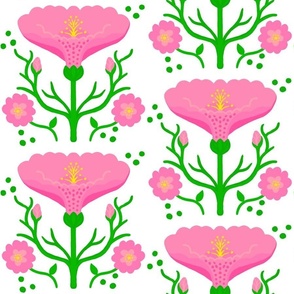 Wake Up Lily Mini Retro Modern Pink Garden Flower With Fluffy Mums Illustrated Vertical Grandmillennial Coastal Granny Wallpaper Style Scandi Mid-Century Repeat Pattern