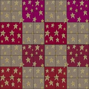 Stitched Patchwork Cheater Quilt Gold Stars Red Pink Purple Fuchsia