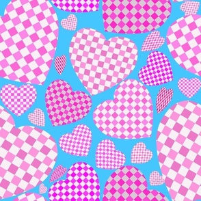 Pink White Gingham Hearts on Dodger Blue - Larger Scale / Pink White Checkered Hearts on Dodger Blue Background / Pink Checkered Hearts