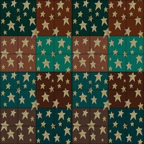 Stitched Patchwork Cheater Quilt Gold Stars Brown Rust Teal Blue Green